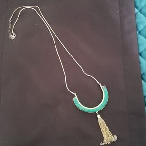 Long gold with green bead necklace-reversible